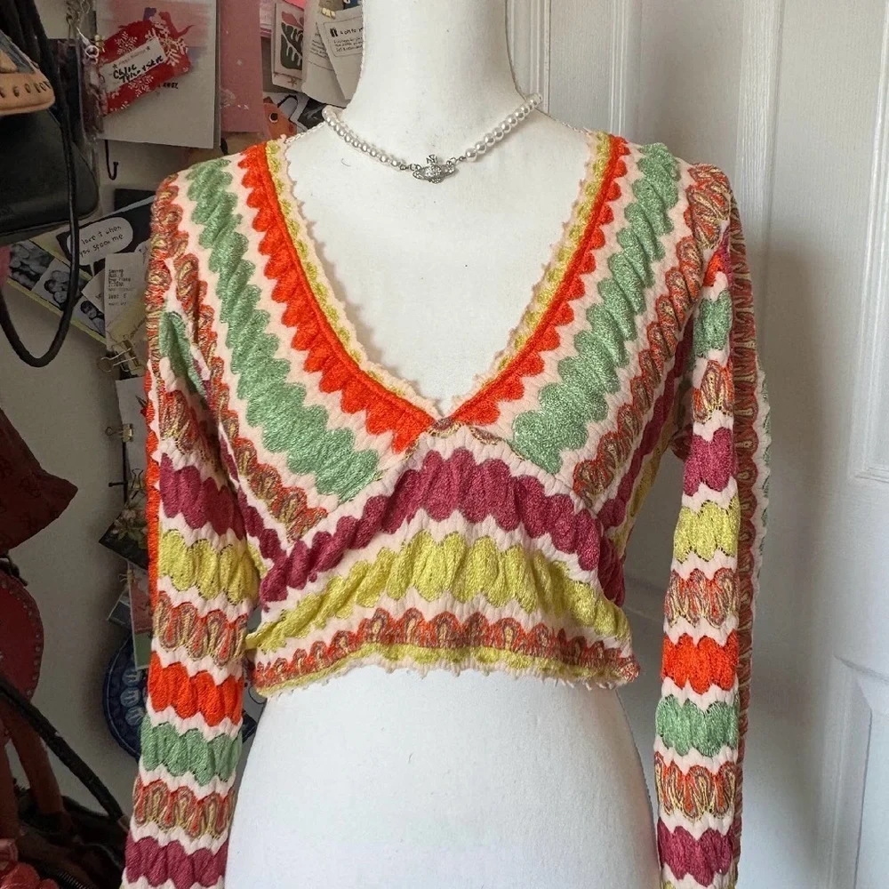 Free People Colorful Crochet V-Neck Long Sleeve Large